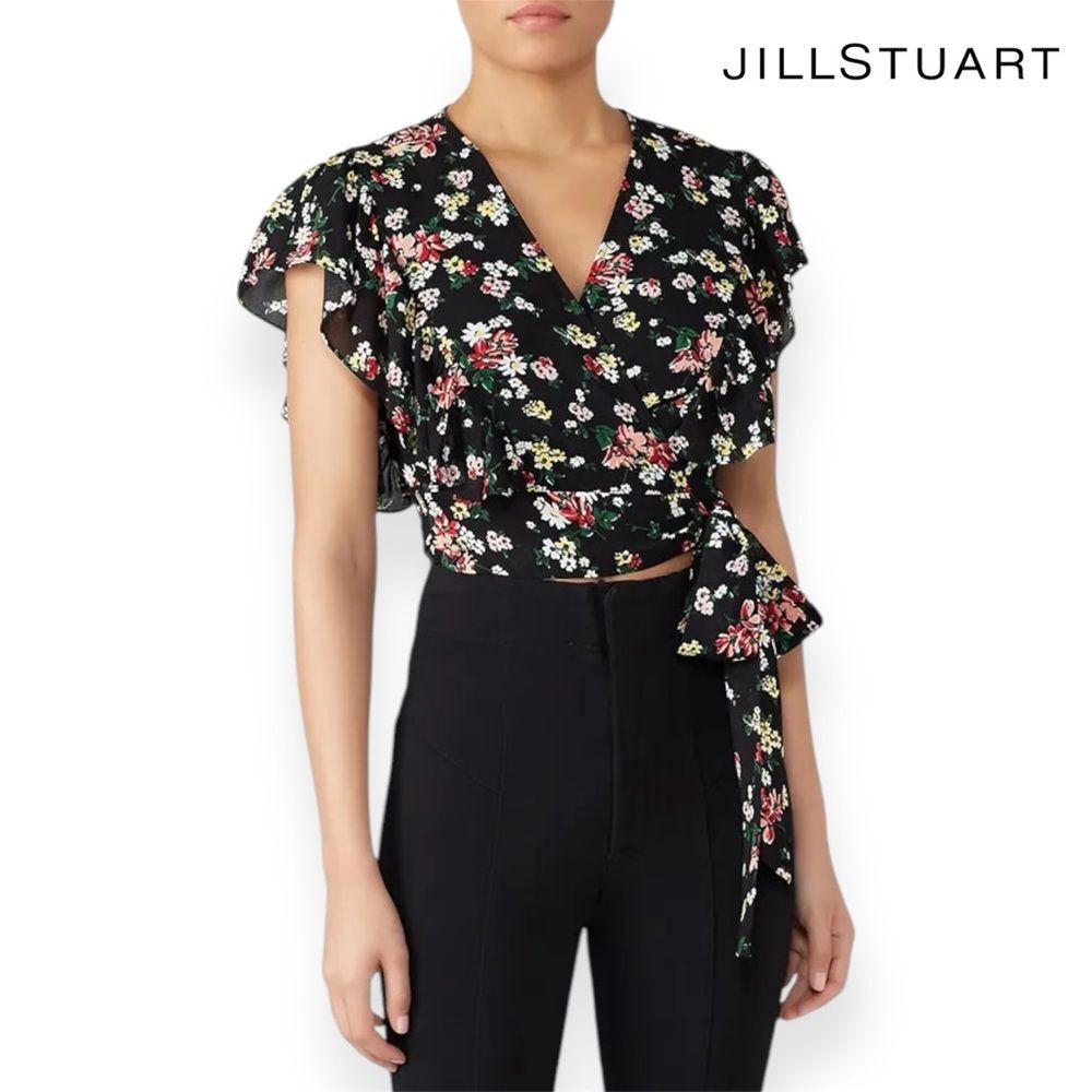Jill Stuart Wrap Top Blouse Black Floral Crepe Size S Crop Flutter Ruffle Sleeve